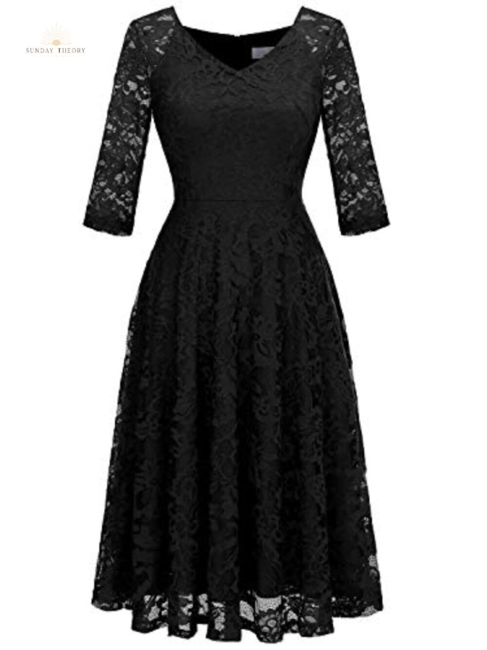Dressystar Lace A-Line Wedding Guest Dress Long Sleeve V-Neck Tea Length